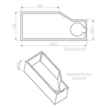 Technische Zeichnung einer asymmetrischen Badewanne mit Draufsicht und isometrischer Ansicht, Maße: 1570 mal 770 mal 600 Millimeter.