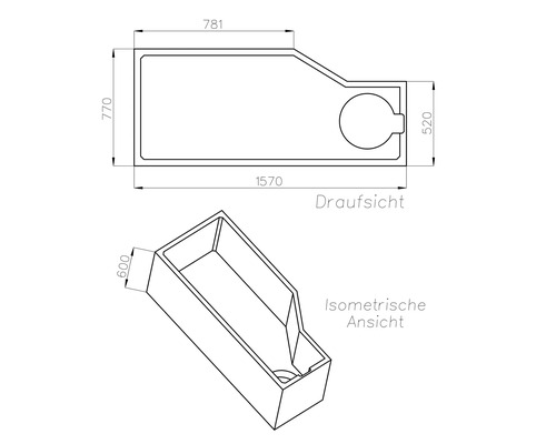 Technische Zeichnung einer asymmetrischen Badewanne mit Draufsicht und isometrischer Ansicht, Maße: 1570 mal 770 mal 600 Millimeter.