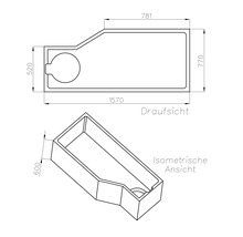 Technische Zeichnung eines asymmetrischen Beckens mit Draufsicht und isometrischer Ansicht. Maße 1570 mal 770 mal 600 Millimeter.