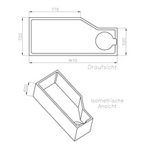 Maßzeichnung einer asymmetrischen Badewanne in Draufsicht und isometrischer Ansicht mit Abmessungen in Millimetern.