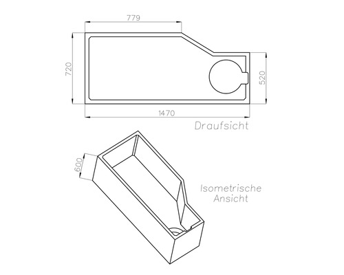 Maßzeichnung einer asymmetrischen Badewanne in Draufsicht und isometrischer Ansicht mit Abmessungen in Millimetern.
