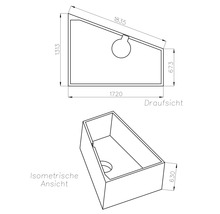 Technische Zeichnung einer trapezförmigen Badewanne mit Abmessungen: Draufsicht und isometrische Ansicht mit einer Höhe von 630 Millimetern.