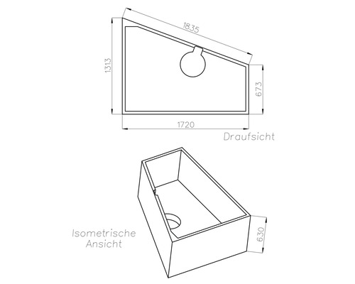 Technische Zeichnung einer trapezförmigen Badewanne mit Abmessungen: Draufsicht und isometrische Ansicht mit einer Höhe von 630 Millimetern.