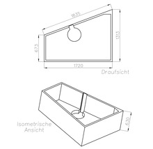 Technische Zeichnung einer trapezförmigen Wanne mit Draufsicht, isometrischer Ansicht und Maßangaben in Millimetern.