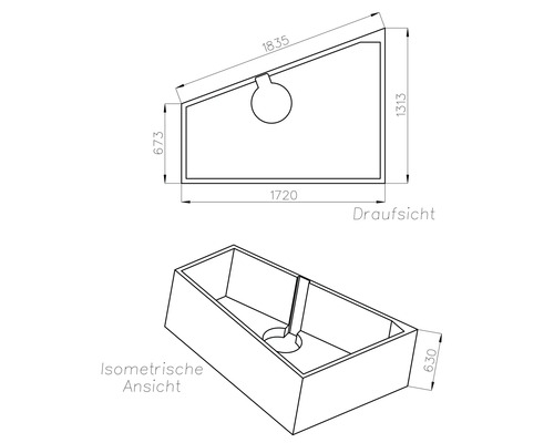 Technische Zeichnung einer trapezförmigen Wanne mit Draufsicht, isometrischer Ansicht und Maßangaben in Millimetern.