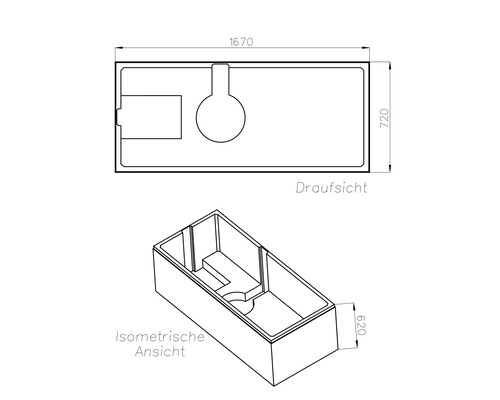 Technische Zeichnung einer rechteckigen Badewanne, Draufsicht und isometrische Ansicht, Maße 1670 mal 720 mal 620 Millimeter.