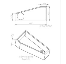 Technische Zeichnung einer asymmetrischen Badewanne mit Draufsicht und isometrischer Ansicht. Maße: 1570 Millimeter Länge, 570 Millimeter Tiefe.