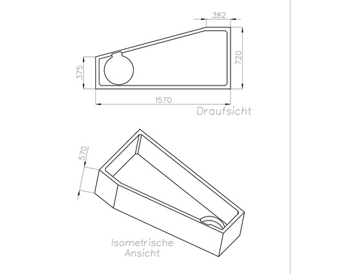 Technische Zeichnung einer asymmetrischen Badewanne mit Draufsicht und isometrischer Ansicht. Maße: 1570 Millimeter Länge, 570 Millimeter Tiefe.