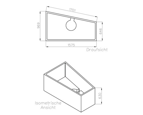 Maßzeichnung einer asymmetrischen Badewanne mit Draufsicht, isometrischer Ansicht und Maßangaben in Millimetern.