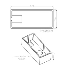 Technische Zeichnung eines rechteckigen Behälters mit Draufsicht und isometrischer Ansicht. Maße: 1570 mal 670 mal 600 Millimeter.