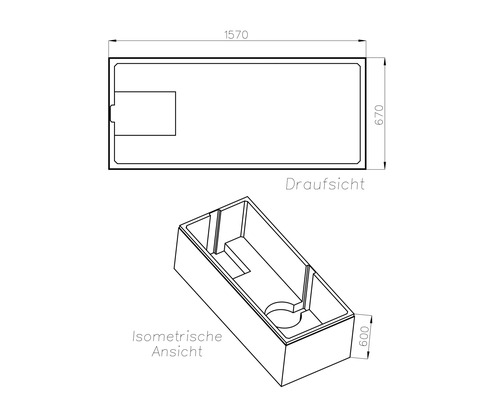 Technische Zeichnung eines rechteckigen Behälters mit Draufsicht und isometrischer Ansicht. Maße: 1570 mal 670 mal 600 Millimeter.