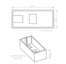 Technische Zeichnung eines rechteckigen Behälters in Draufsicht und isometrischer Ansicht mit den Maßen 1570 mal 720 mal 600 Millimeter.