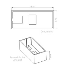 Maßzeichnung einer rechteckigen Badewanne mit Draufsicht und isometrischer Ansicht, Maße: 1870 mal 870 mal 600 Millimeter.