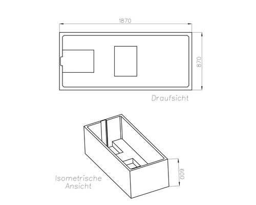 Maßzeichnung einer rechteckigen Badewanne mit Draufsicht und isometrischer Ansicht, Maße: 1870 mal 870 mal 600 Millimeter.