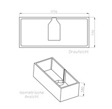 Technische Zeichnung einer rechteckigen Badewanne in Draufsicht und isometrischer Ansicht, Maße 1770 mal 770 mal 580 Millimeter.