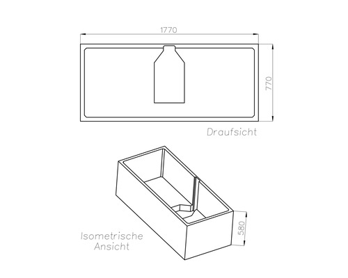 Technische Zeichnung einer rechteckigen Badewanne in Draufsicht und isometrischer Ansicht, Maße 1770 mal 770 mal 580 Millimeter.