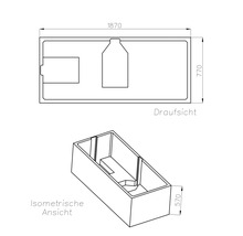 Draufsicht und isometrische Ansicht einer Badewanne mit Maßangaben 1870 mal 770 mal 570 Millimeter.