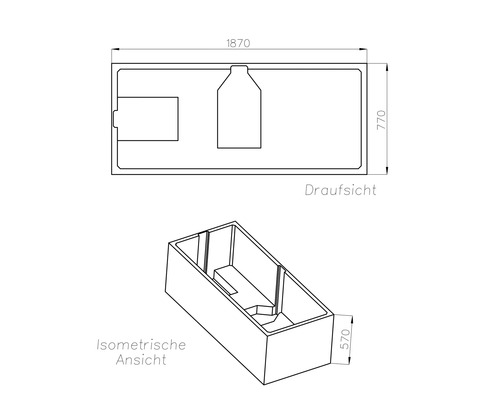 Draufsicht und isometrische Ansicht einer Badewanne mit Maßangaben 1870 mal 770 mal 570 Millimeter.