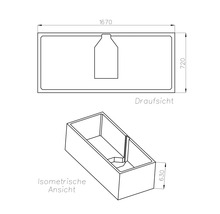 Technische Zeichnung eines rechteckigen Pflanzkastens mit Draufsicht und isometrischer Ansicht. Maße 1670 mal 720 mal 630 Millimeter.
