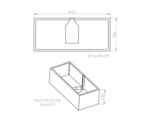 Technische Zeichnung eines rechteckigen Pflanzkastens mit Draufsicht und isometrischer Ansicht. Maße 1670 mal 720 mal 630 Millimeter.