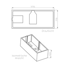 Technische Zeichnung einer rechteckigen Badewanne in der Draufsicht und isometrischen Ansicht mit den Maßen 1770 mal 770 mal 620 Millimeter.