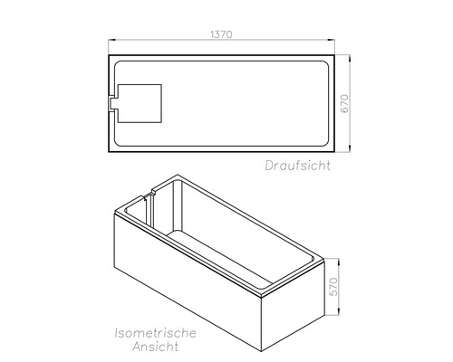 Technische Zeichnung einer rechteckigen Badewanne mit Draufsicht und isometrischer Ansicht, Maße 1370 mal 670 mal 570 Millimeter.