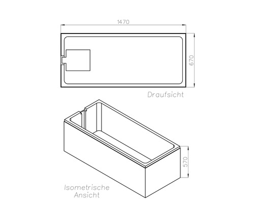 Technische Zeichnung rechteckige Badewanne mit Draufsicht und isometrischer Ansicht. Länge 1470 Millimeter, Breite 670 Millimeter, Höhe 570 Millimeter.