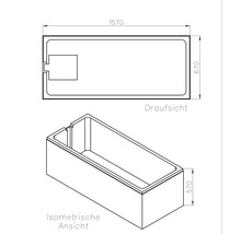 Technische Zeichnung eines rechteckigen Beckens mit Draufsicht und isometrischer Ansicht, Maße 1570 mal 670 mal 570.