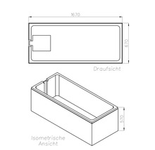 Technische Zeichnung einer rechteckigen Badewanne mit Maßen 1670 mal 670 mal 570 Millimeter in der Draufsicht und isometrischen Ansicht.