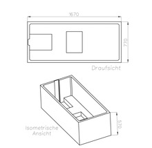 Technische Zeichnung einer rechteckigen Badewanne mit Draufsicht und isometrischer Ansicht. Maße: 1670 mal 770 mal 570 Millimeter.