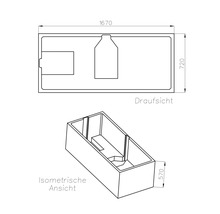 Technische Zeichnung einer rechteckigen Badewanne, Draufsicht und isometrische Ansicht, Maße 1670 mal 720 mal 570 Millimeter.