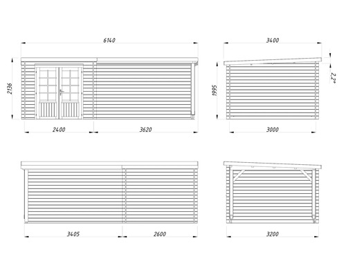 Maßzeichnung Gartenhaus mit Anbau und Doppeltür, Ansichten von vorne, hinten und der Seite mit Maßen in Millimeter.