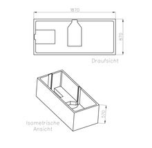 Technische Zeichnung einer rechteckigen Badewanne in Draufsicht und isometrischer Ansicht mit den Maßen 1870 mal 870 mal 570.