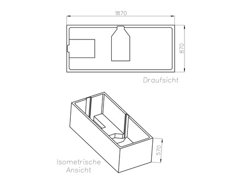 Technische Zeichnung einer rechteckigen Badewanne in Draufsicht und isometrischer Ansicht mit den Maßen 1870 mal 870 mal 570.