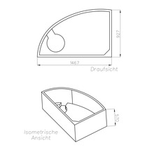 Technische Zeichnung einer asymmetrischen Eckbadewanne mit den Maßen 1467, 927 und 570 in Draufsicht und isometrischer Ansicht.