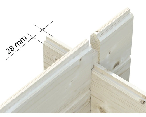 Nahaufnahme einer Eckverbindung von Blockbohlen aus Holz mit einer Wandstärke von 28 Millimetern.