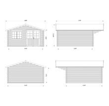 Technische Zeichnung mit Maßen für ein Gartenhaus aus Holz, Ansichten von allen vier Seiten mit Dachneigung von 16,5 Grad.