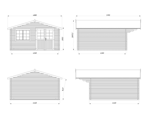 Technische Zeichnung mit Maßen für ein Gartenhaus aus Holz, Ansichten von allen vier Seiten mit Dachneigung von 16,5 Grad.