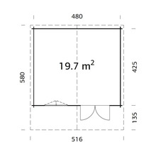 Grundrisszeichnung eines Gartenhauses mit einer Grundfläche von 19,7 Quadratmetern und detaillierten Abmessungen.