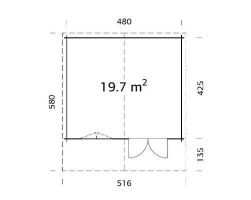Grundrisszeichnung eines Gartenhauses mit einer Grundfläche von 19,7 Quadratmetern und detaillierten Abmessungen.