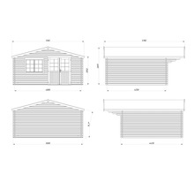 Technische Zeichnung eines Gartenhauses aus Holz mit Maßangaben für Vorderansicht, Rückansicht und Seitenansichten.