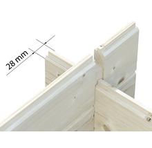 Eckverbindung von Blockbohlen aus Holz mit einer Wandstärke von 28 Millimeter.