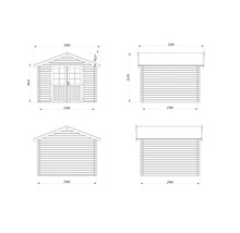 Technische Zeichnung mit Maßangaben für ein Gartenhaus aus Holz, dargestellt in der Vorder-, Rück- und Seitenansicht.