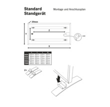 Montage und Anschlussplan für Standheizung mit Maßtabellen und Abbildung der Standfüße.