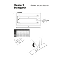 Montage- und Anschlussplan für Standgerät Infrarotheizung mit Maßtabelle für verschiedene Leistungsstufen und Darstellung der Standfüße.
