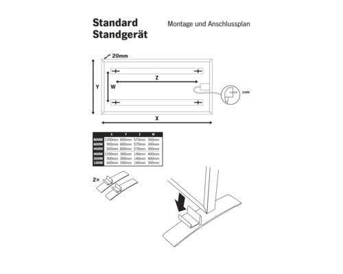 Montage- und Anschlussplan für Standgerät Infrarotheizung mit Maßtabelle für verschiedene Leistungsstufen und Darstellung der Standfüße.