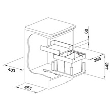 Technische Maßzeichnung eines Abfallsystems für den Küchenunterschrank mit Schublade und zwei herausnehmbaren Eimern.
