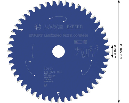 Bosch Expert Laminated Panel cordless Kreissägeblatt mit 165 Millimeter Durchmesser und 20 Millimeter Bohrung für Akku Handkreissägen