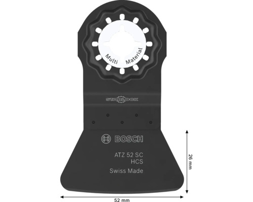Bosch Starlock Multifunktionswerkzeug Sägeblatt ATZ 52 SC für Multi Material, 52 Millimeter Breite, 26 Millimeter Eintauchtiefe, HCS Stahl.