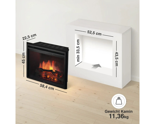 Elektrokamineinsatz mit Maßen und Gewicht von 11,36 Kilogramm dargestellt mit Einbauöffnung und technischer Skizze.